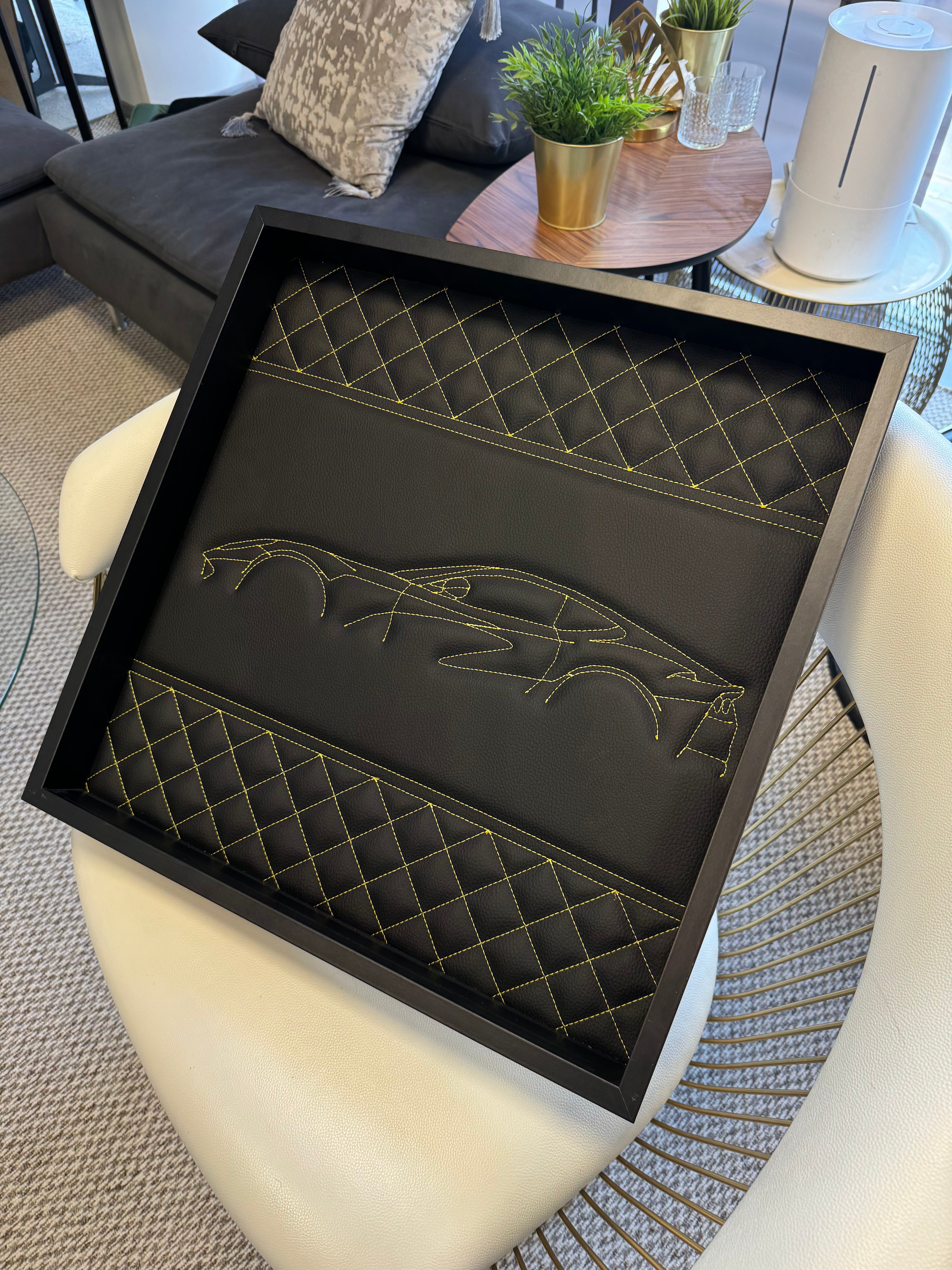 Black Leather Ferrari 812 Superfast Inspired Wall Art: Embroidered Yellow Stitch Luxury Decor - AutoWin