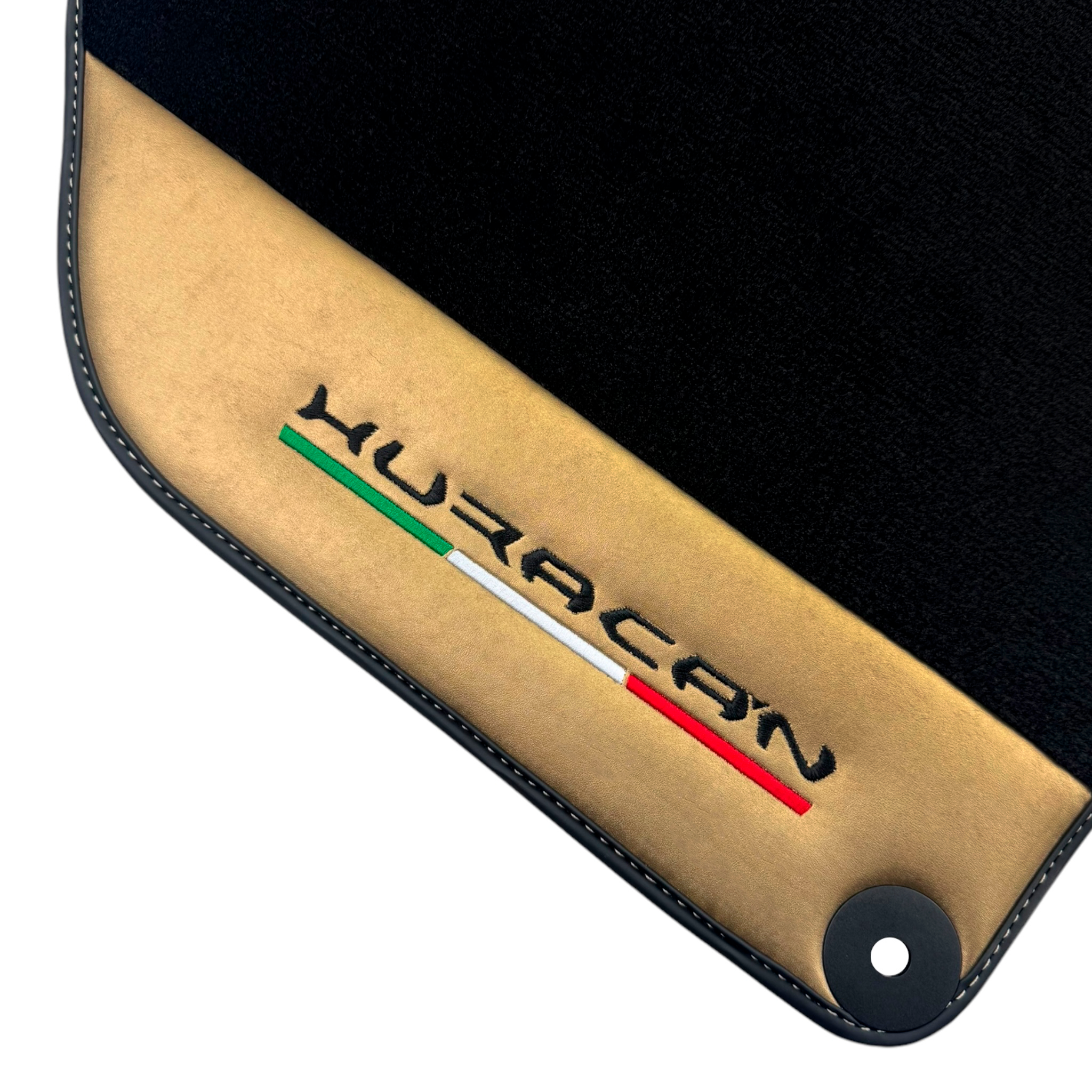 Italian Edition Black Floor Mats for Lamborghini Huracan (2014-2023) with Gold Leather Border