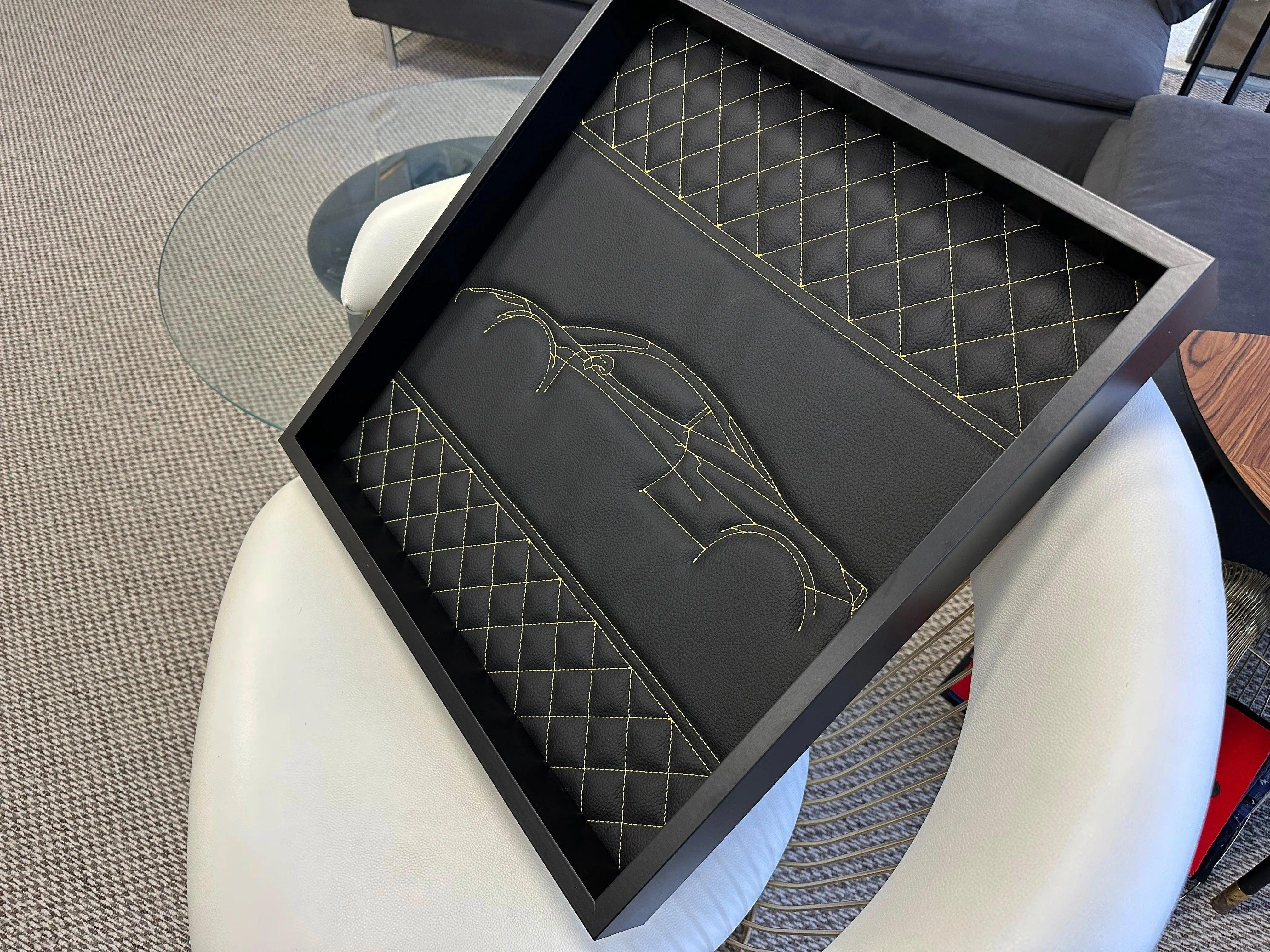 Black Leather Ferrari 488 Inspired Wall Art: Embroidered Yellow Stitch Luxury Decor